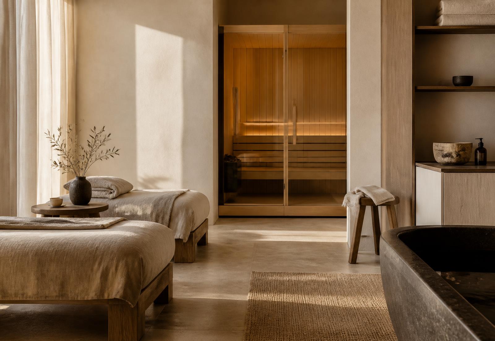 A calm Re:Lab recovery studio with warm light, linen loungers and a pale oak sauna